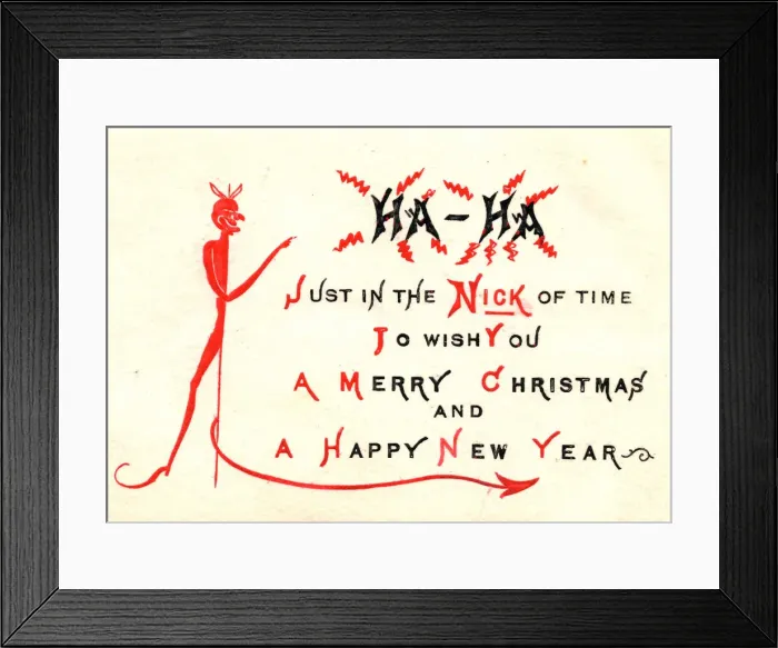 Framed Print : Devil with comic verse on a Christmas and New Year card Framed Print : Devil with comic verse on a Christmas and New Year card