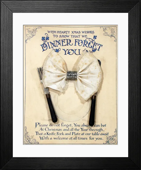 Framed Print : Dinner setting with comic verse on a Christmas card Framed Print : Dinner setting with comic verse on a Christmas card