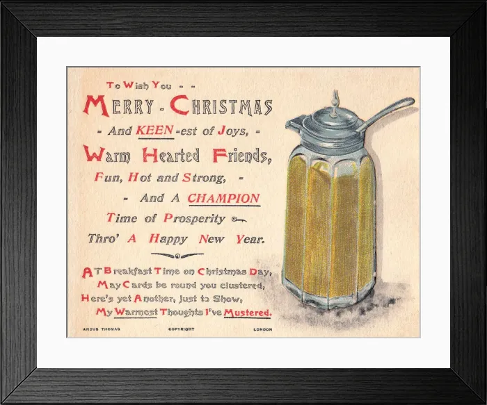Framed Print : Pot of mustard with comic verse on a Christmas card Framed Print : Pot of mustard with comic verse on a Christmas card