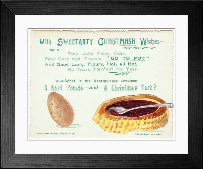 Framed Print : Potato and jam tart with comic verse on a Christmas card Framed Print : Potato and jam tart with comic verse on a Christmas card