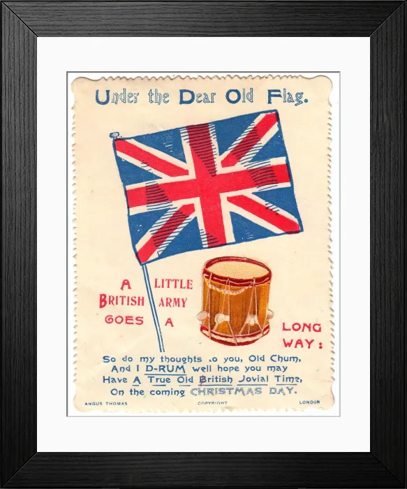 Framed Print : British flag and drum with comic verse on a Christmas card Framed Print : British flag and drum with comic verse on a Christmas card