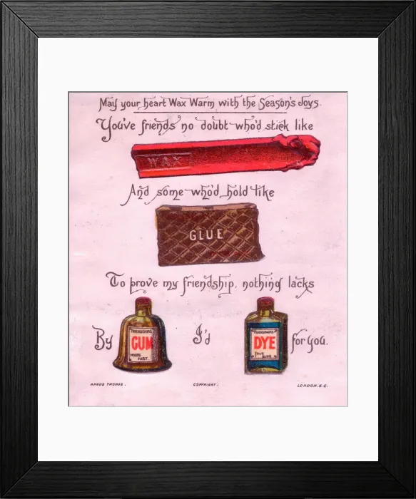 Framed Print : Wax, glue, gum and dye with comic verse on a Christmas card Framed Print : Wax, glue, gum and dye with comic verse on a Christmas card