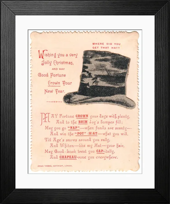 Framed Print : Top hat with comic verse on a Christmas and New Year card Framed Print : Top hat with comic verse on a Christmas and New Year card