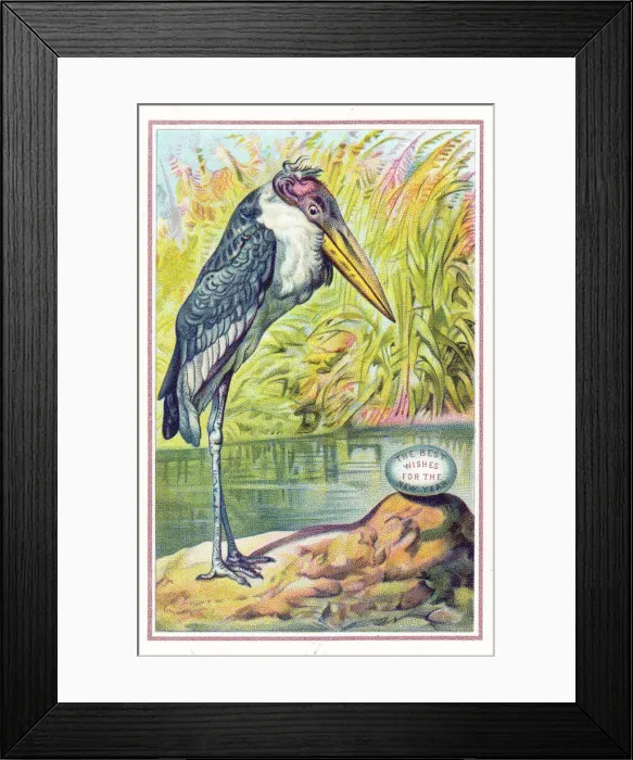 Framed Print : Stork and egg on a New Year card Framed Print : Stork and egg on a New Year card