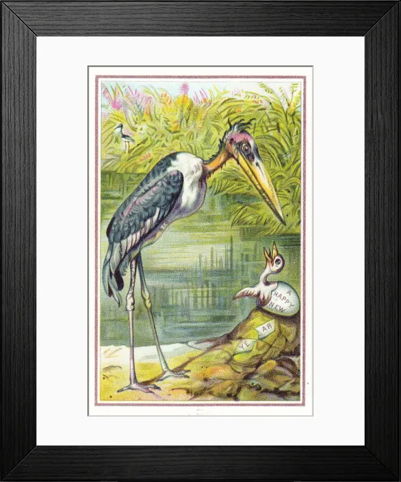 Framed Print : Stork and hatching egg on a New Year card Framed Print : Stork and hatching egg on a New Year card