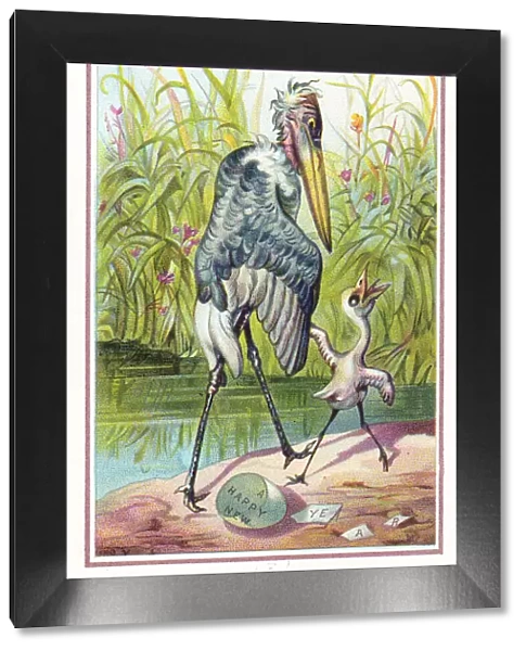 Stork and newly hatched chick on a New Year card