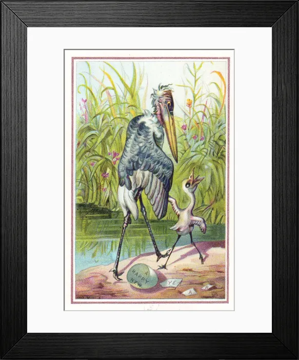 Framed Print : Stork and newly hatched chick on a New Year card Framed Print : Stork and newly hatched chick on a New Year card