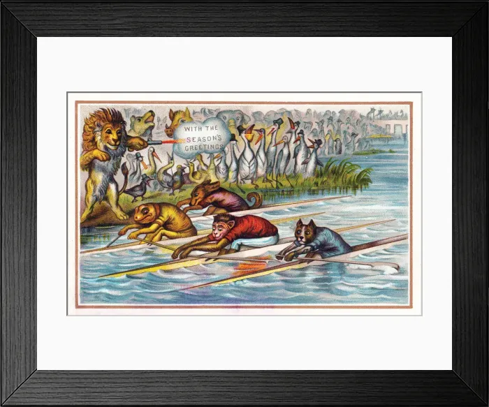 Framed Print : Animals in boat race on a Christmas card Framed Print : Animals in boat race on a Christmas card
