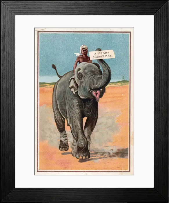 Framed Print : Man riding on an elephant on a Christmas card Framed Print : Man riding on an elephant on a Christmas card