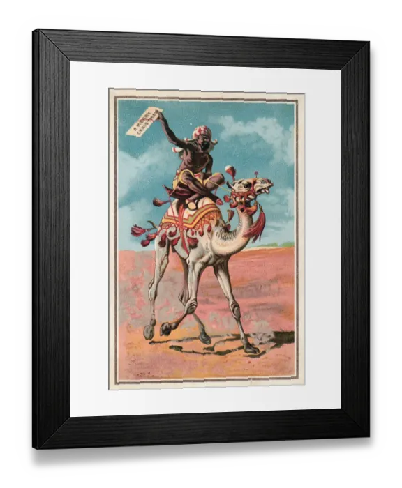Framed Print : Man riding on a camel on a Christmas card Framed Print : Man riding on a camel on a Christmas card