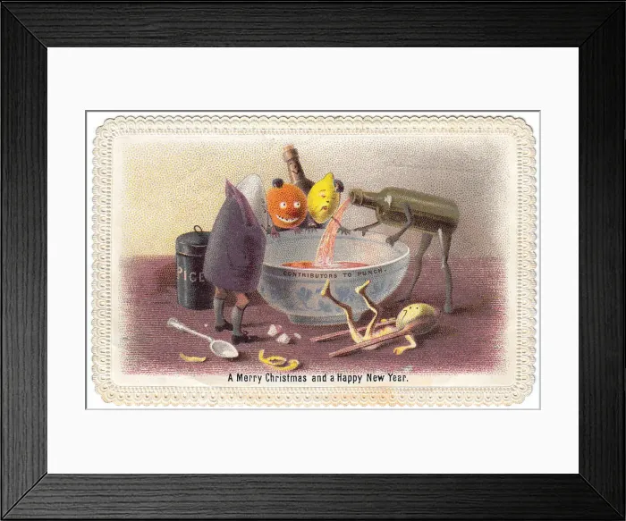 Framed Print : Humanised bottles and fruit on a Christmas card Framed Print : Humanised bottles and fruit on a Christmas card