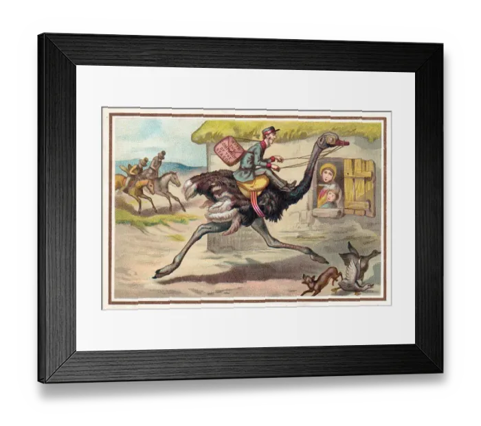 Framed Print : Postman riding on an ostrich on a Christmas card Framed Print : Postman riding on an ostrich on a Christmas card