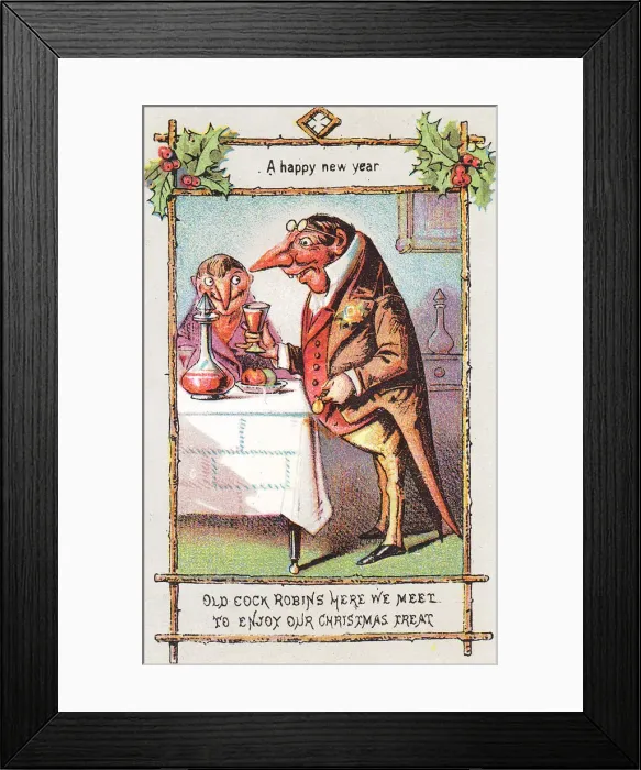 Framed Print : Two Cock Robins on a Christmas and New Year card Framed Print : Two Cock Robins on a Christmas and New Year card
