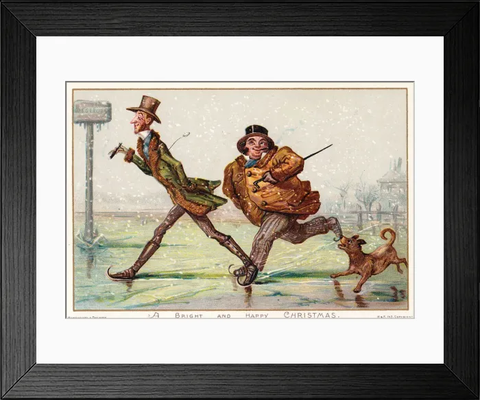 Framed Print : People on the ice on a comic Christmas card Framed Print : People on the ice on a comic Christmas card