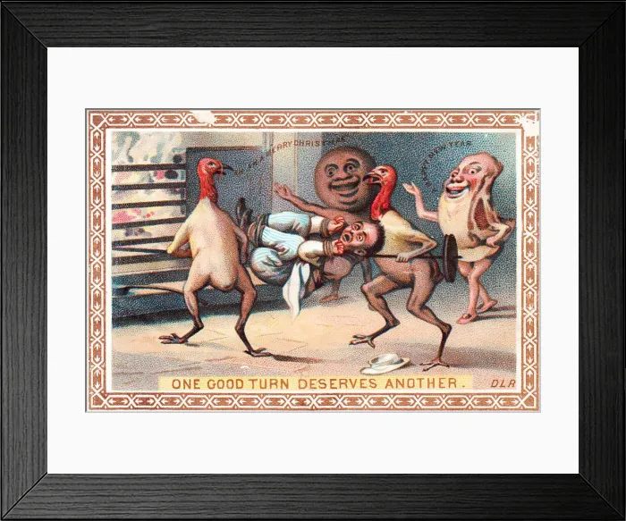 Framed Print : Man trussed up on a Christmas and New Year card Framed Print : Man trussed up on a Christmas and New Year card