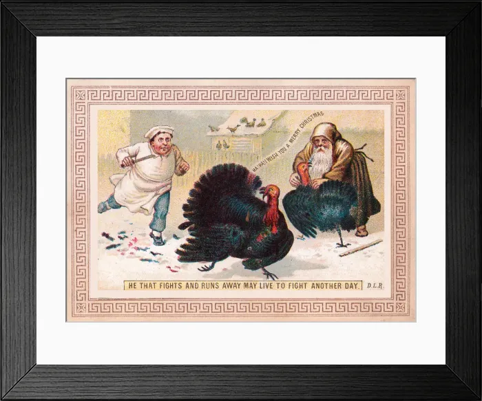Framed Print : Turkey escaping the poulterer on a Christmas card Framed Print : Turkey escaping the poulterer on a Christmas card