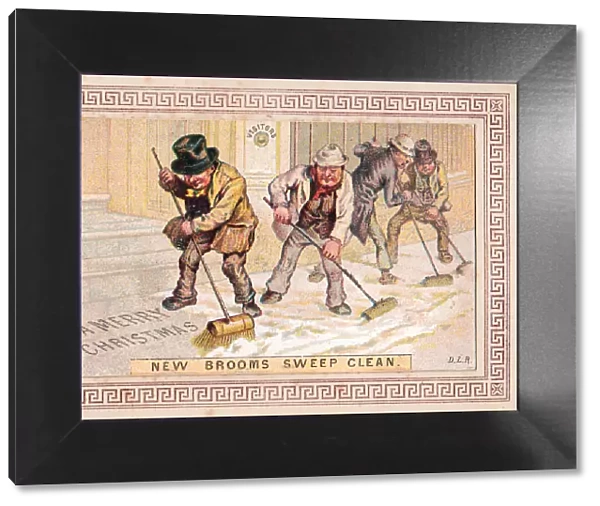 Workmen sweeping snow on a Christmas card