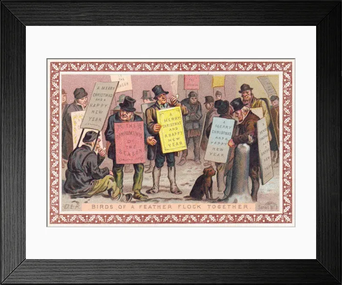 Framed Print : Sandwich board men on a Christmas and New Year card Framed Print : Sandwich board men on a Christmas and New Year card