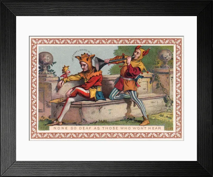 Framed Print : Two jesters on a Christmas card Framed Print : Two jesters on a Christmas card