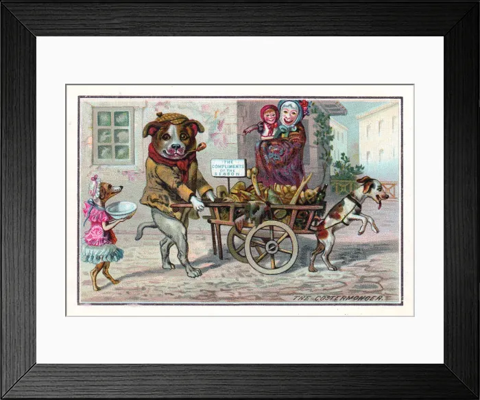 Framed Print : Dog costermonger selling in the street on a Christmas card Framed Print : Dog costermonger selling in the street on a Christmas card