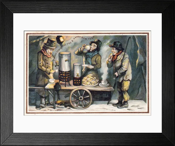 Framed Print : Men at a refreshment cart on a Christmas and New Year card Framed Print : Men at a refreshment cart on a Christmas and New Year card