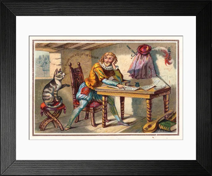Framed Print : Cat and Elizabethan poet on a Christmas card Framed Print : Cat and Elizabethan poet on a Christmas card