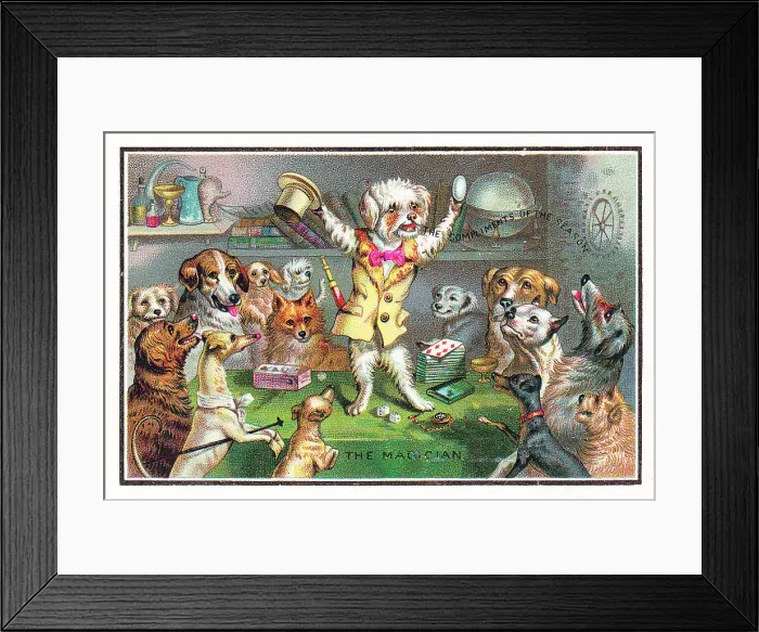 Framed Print : Dogs watching a dog magician on a Christmas card Framed Print : Dogs watching a dog magician on a Christmas card