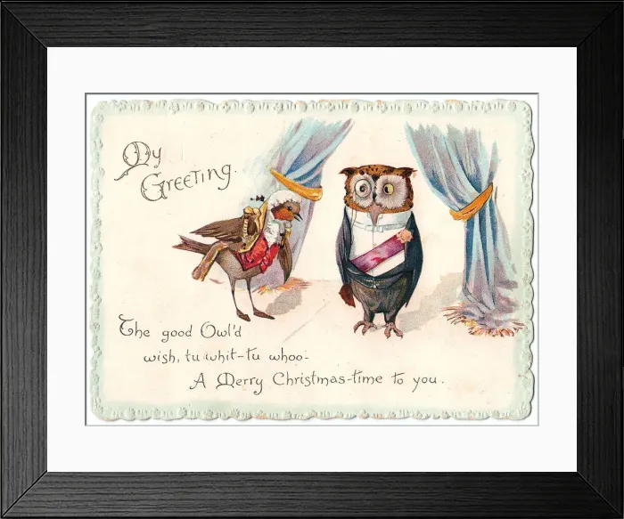 Framed Print : Owl and robin in evening dress on a Christmas card Framed Print : Owl and robin in evening dress on a Christmas card