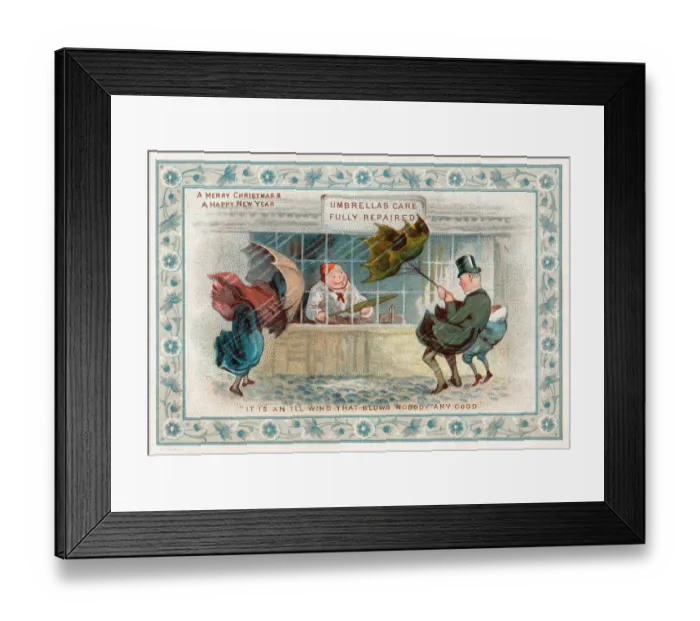 Framed Print : Umbrella repairs on a Christmas and New Year card Framed Print : Umbrella repairs on a Christmas and New Year card