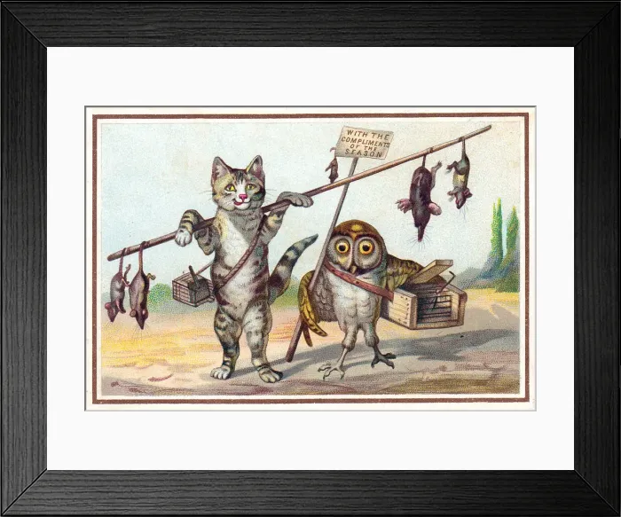 Framed Print : Cat and owl as rat catchers on a Christmas card Framed Print : Cat and owl as rat catchers on a Christmas card