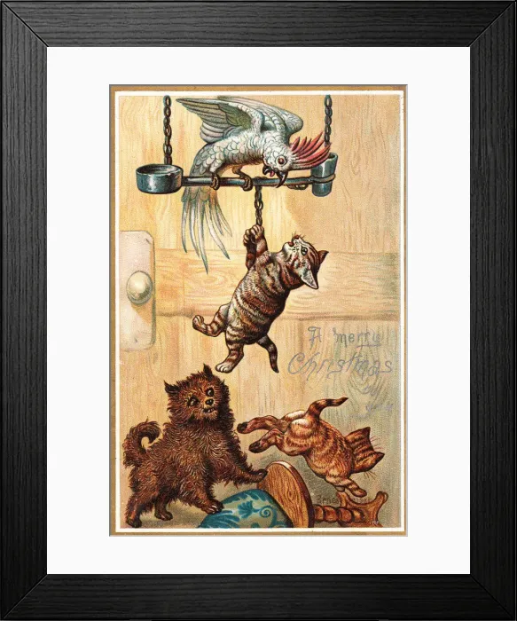 Framed Print : Two cats, a dog and a parrot on a Christmas card Framed Print : Two cats, a dog and a parrot on a Christmas card