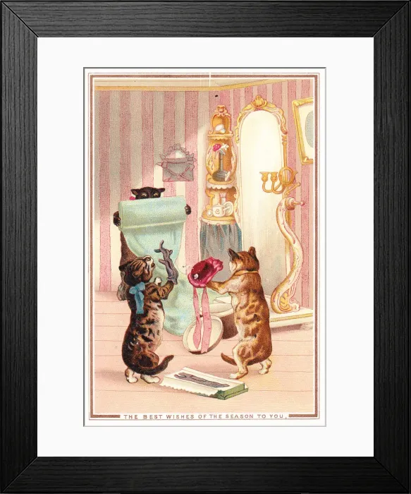 Framed Print : Cats in a dress shop on a Christmas card Framed Print : Cats in a dress shop on a Christmas card