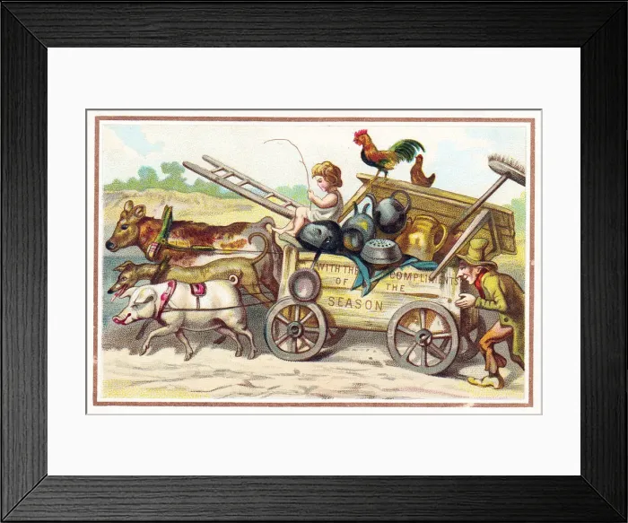 Framed Print : Farm cart with animals on a Christmas card Framed Print : Farm cart with animals on a Christmas card