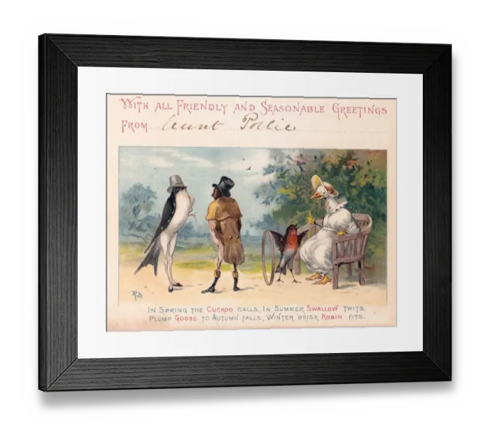 Framed Print : Four birds in a park on a Christmas card Framed Print : Four birds in a park on a Christmas card