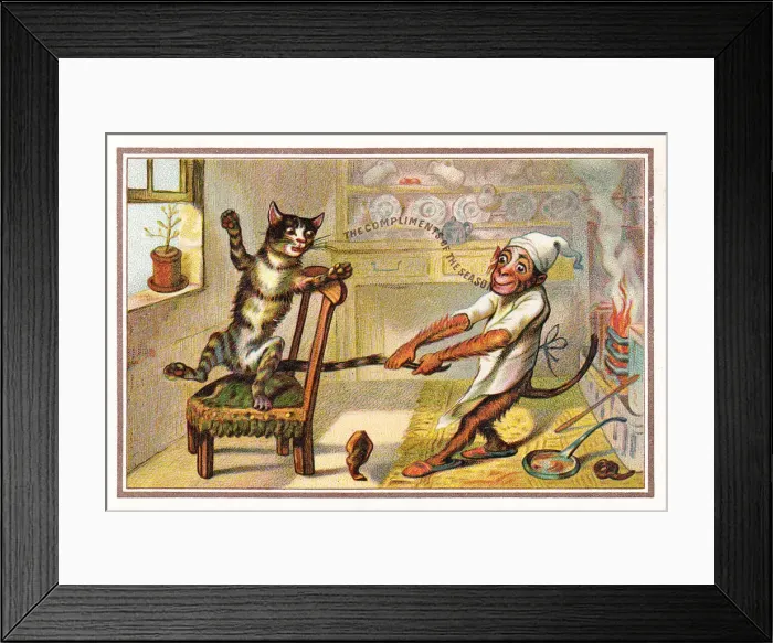 Framed Print : Monkey pulling a cats tail on a Christmas card Framed Print : Monkey pulling a cats tail on a Christmas card