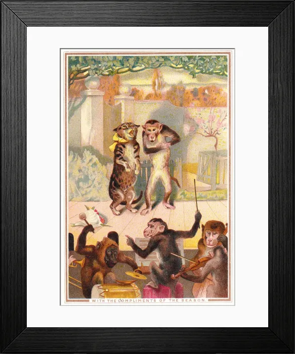 Framed Print : Monkey and cat duet on a Christmas card Framed Print : Monkey and cat duet on a Christmas card
