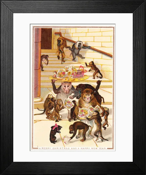 Framed Print : Monkeys bringing gifts to a kitten on a Christmas card Framed Print : Monkeys bringing gifts to a kitten on a Christmas card