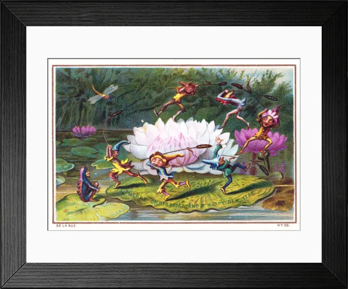 Framed Print : Goblins on a lily pad on a Christmas and New Year card