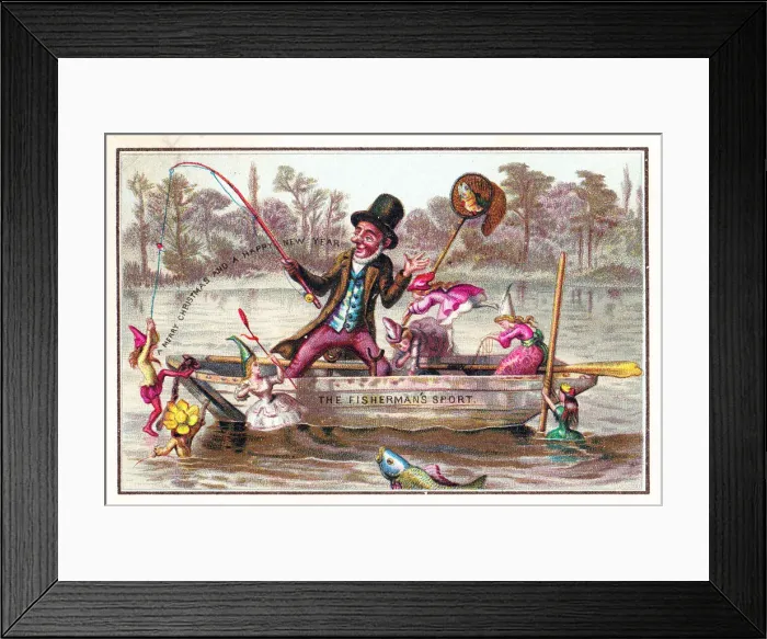 Framed Print : Fairies and fisherman on a Christmas and New Year card Framed Print : Fairies and fisherman on a Christmas and New Year card