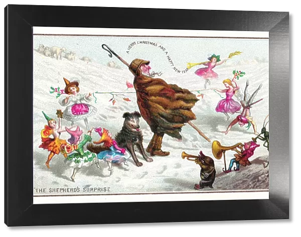 Fairies and shepherd on a Christmas and New Year card