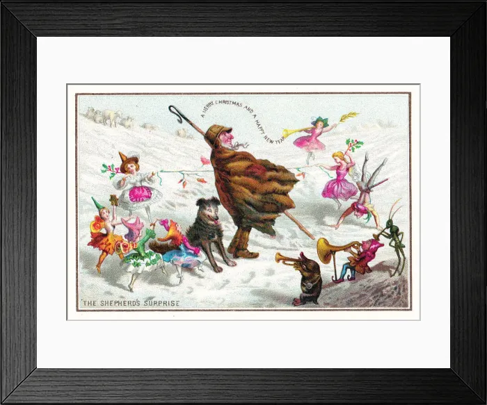 Framed Print : Fairies and shepherd on a Christmas and New Year card Framed Print : Fairies and shepherd on a Christmas and New Year card