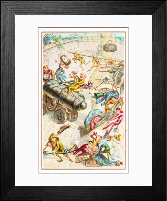 Framed Print : Goblins having fun on a ship on a Christmas card Framed Print : Goblins having fun on a ship on a Christmas card