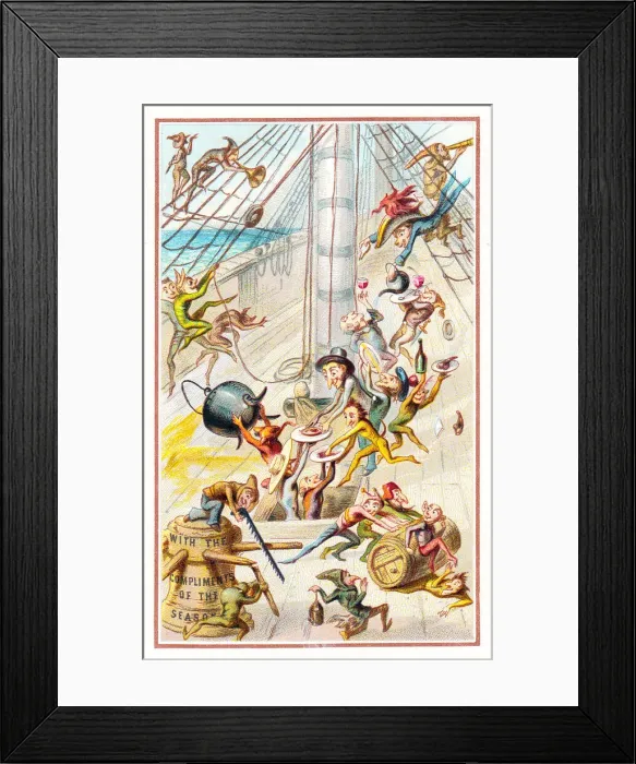 Framed Print : Goblins having fun on a ship on a Christmas card Framed Print : Goblins having fun on a ship on a Christmas card