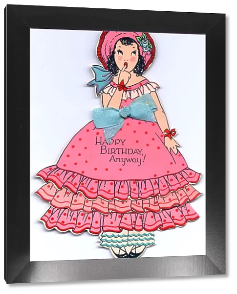 Girl in a frilly pink dress on a cutout birthday card