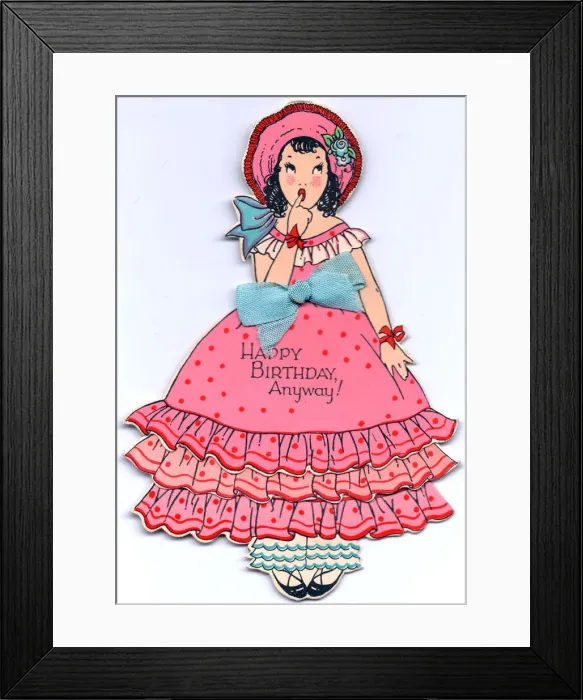 Framed Print : Girl in a frilly pink dress on a cutout birthday card Framed Print : Girl in a frilly pink dress on a cutout birthday card