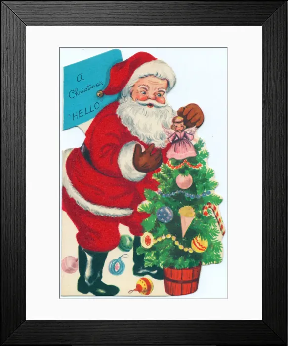 Framed Print : Santa Claus with tree on a Christmas card Framed Print : Santa Claus with tree on a Christmas card