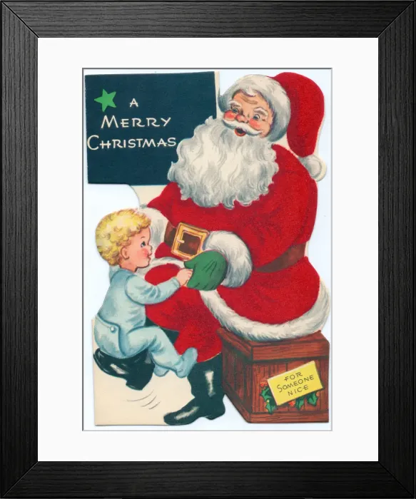 Framed Print : Santa Claus with boy on a Christmas card Framed Print : Santa Claus with boy on a Christmas card