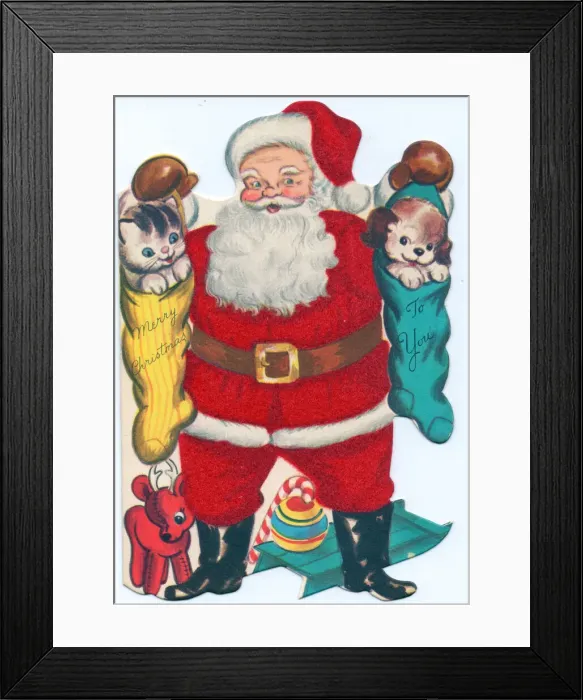 Framed Print : Santa Claus with presents on a Christmas card Framed Print : Santa Claus with presents on a Christmas card