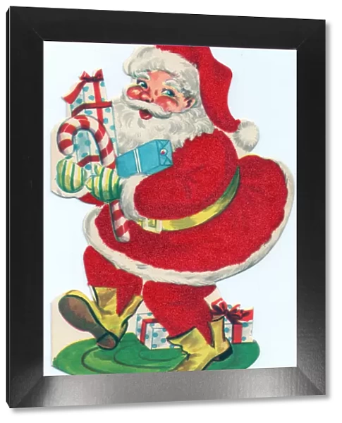 Santa Claus with presents on a Christmas card