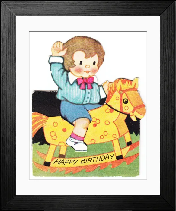 Framed Print : Boy and rocking horse on a birthday card Framed Print : Boy and rocking horse on a birthday card